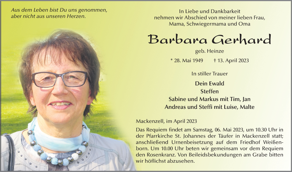  Traueranzeige für Barbara Gerhard vom 28.04.2023 aus FZ