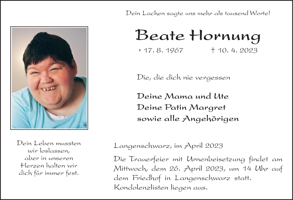  Traueranzeige für Beate Hornung vom 24.04.2023 aus FZ