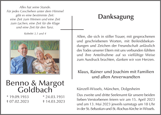 Traueranzeige von Benno und Margot Goldbach von FZ