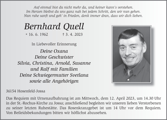 Traueranzeige von Bernhard Quell von FZ