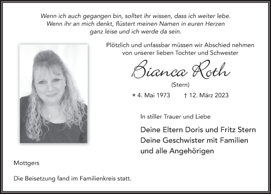 Traueranzeige von Bianca Roth von FZ
