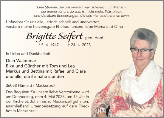 Traueranzeige von Brigitte Seifert von FZ