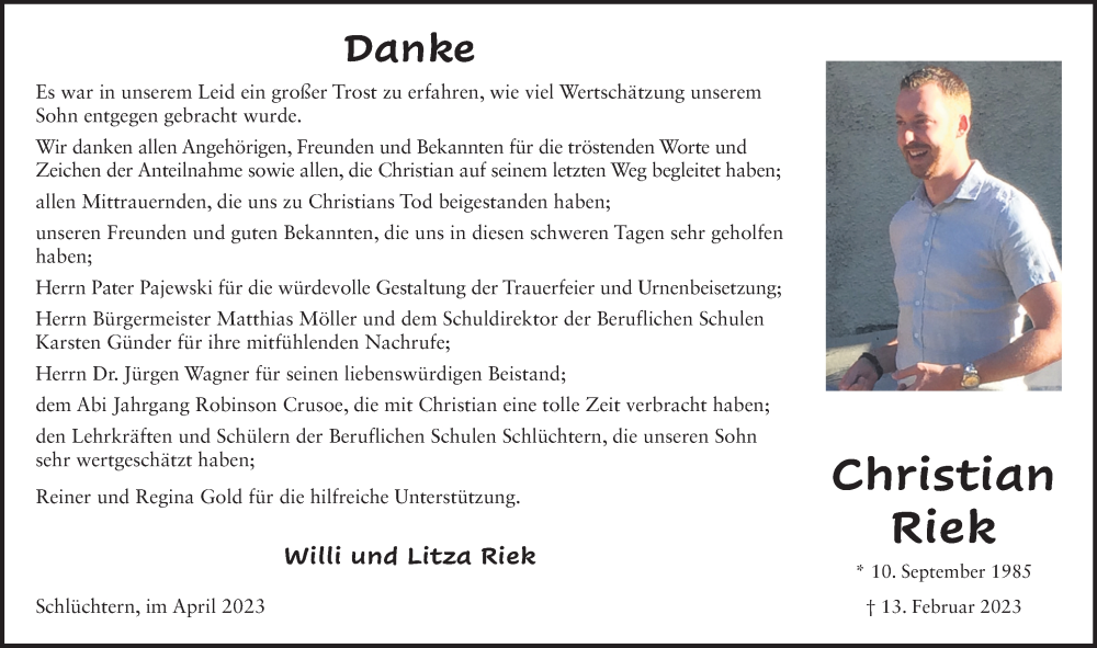  Traueranzeige für Christian Riek vom 01.04.2023 aus FZ