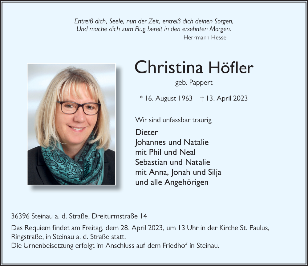  Traueranzeige für Christina Höfler vom 29.04.2023 aus FZ