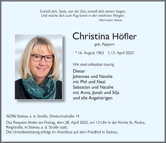 Traueranzeige von Christina Höfler von FZ