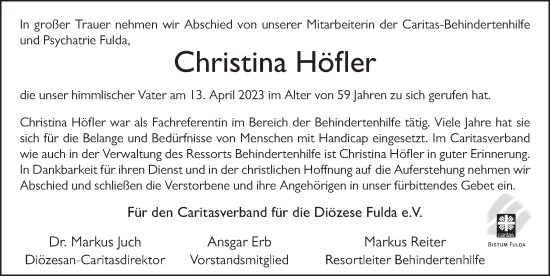 Traueranzeige von Christina Höfler von FZ