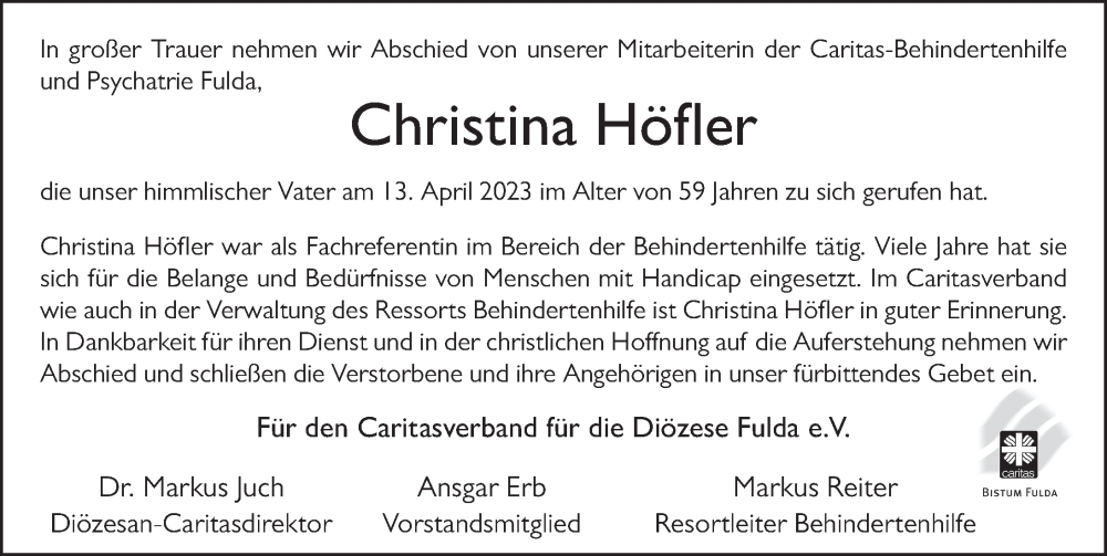  Traueranzeige für Christina Höfler vom 25.04.2023 aus FZ