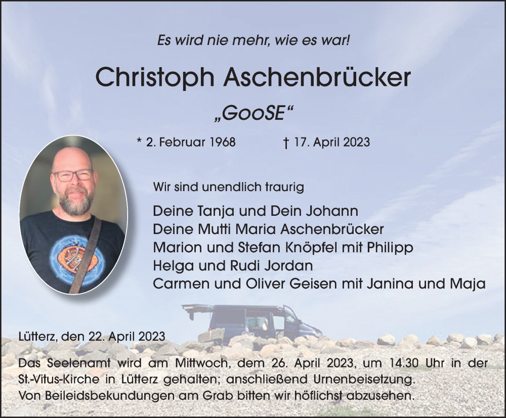  Traueranzeige für Christoph Aschenbrücker vom 22.04.2023 aus FZ