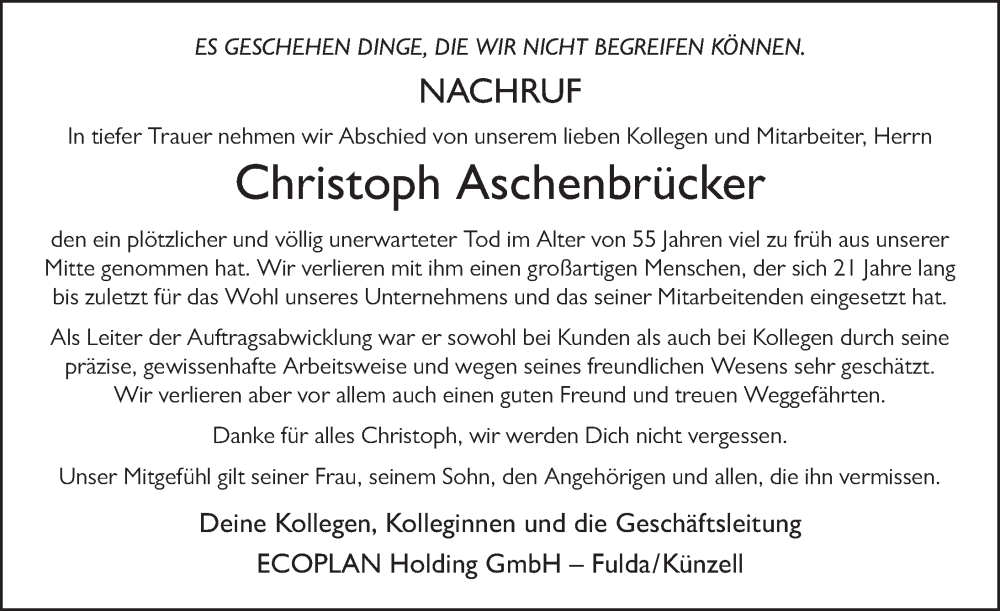  Traueranzeige für Christoph Aschenbrücker vom 22.04.2023 aus FZ