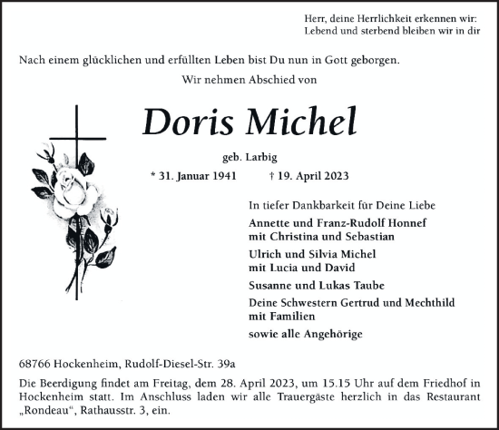 Traueranzeige von Doris Michel von FZ