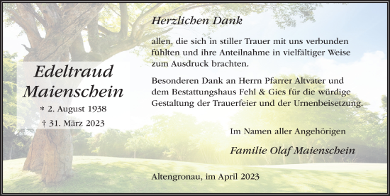 Traueranzeige von Edeltraud Maienschein von FZ