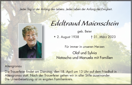 Traueranzeige von Edeltraud Maienschein von FZ