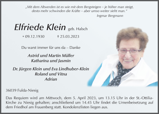 Traueranzeige von Elfriede Klein von FZ