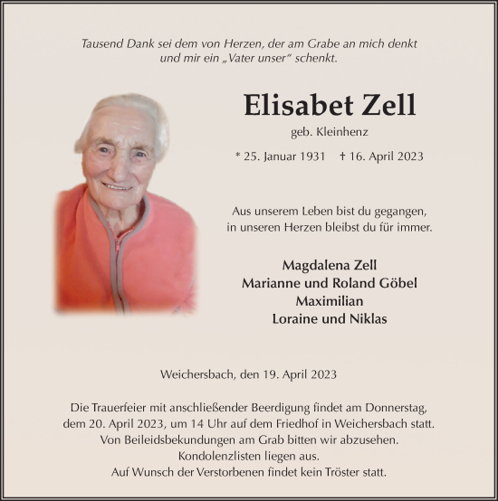 Traueranzeige von Elisabet Zell von FZ