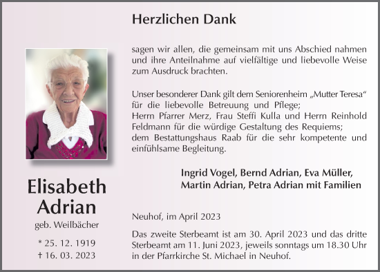 Traueranzeige von Elisabeth Adrian von FZ