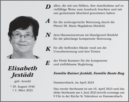 Traueranzeige von Elisabeth Jestädt von FZ