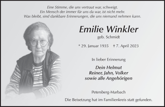 Traueranzeige von Emilie Winkler von FZ
