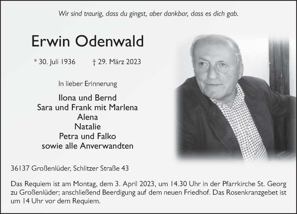  Traueranzeige für Erwin Odenwald vom 01.04.2023 aus FZ
