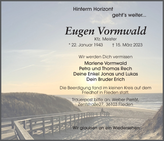 Traueranzeige von Eugen Vormwald von FZ