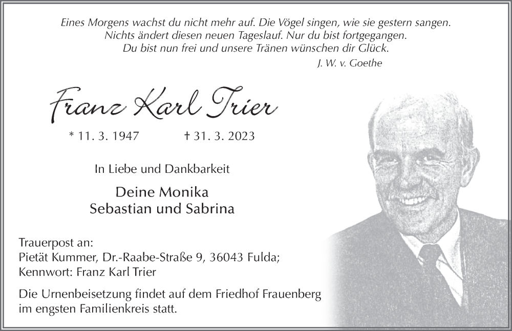  Traueranzeige für Franz Karl Trier vom 08.04.2023 aus FZ