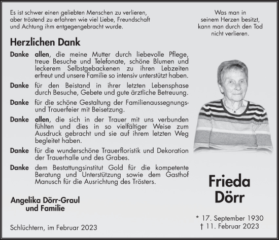 Traueranzeige von Frieda Margaretha Dörr von FZ