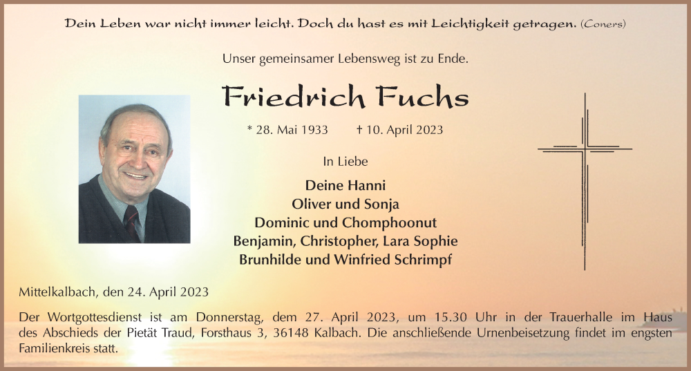  Traueranzeige für Friedrich Fuchs vom 24.04.2023 aus FZ