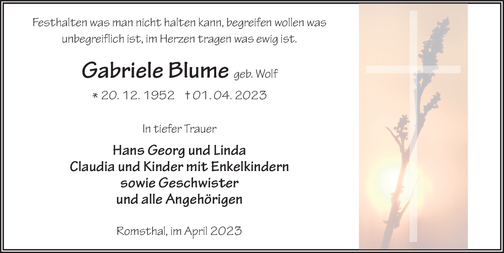  Traueranzeige für Gabriele Blume vom 08.04.2023 aus FZ
