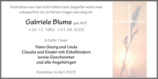 Traueranzeige von Gabriele Blume von FZ