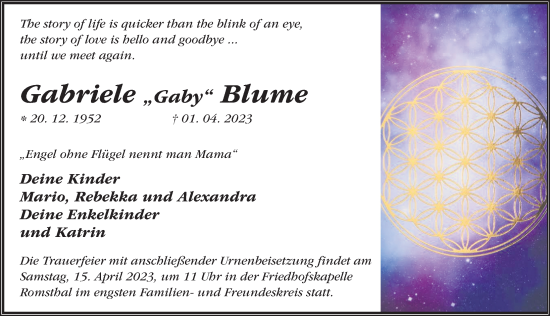 Traueranzeige von Gabriele Blume von FZ