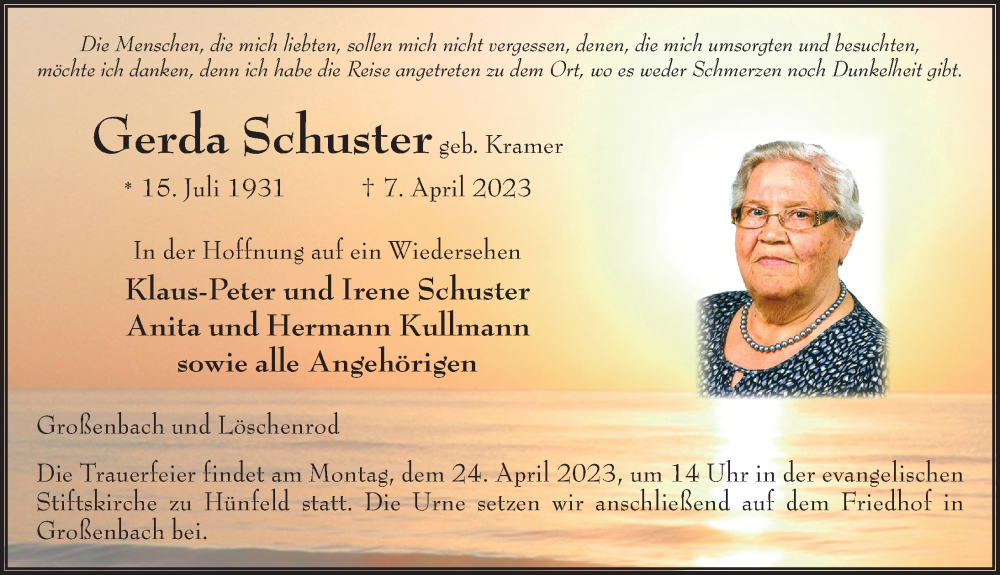  Traueranzeige für Gerda Schuster vom 20.04.2023 aus FZ