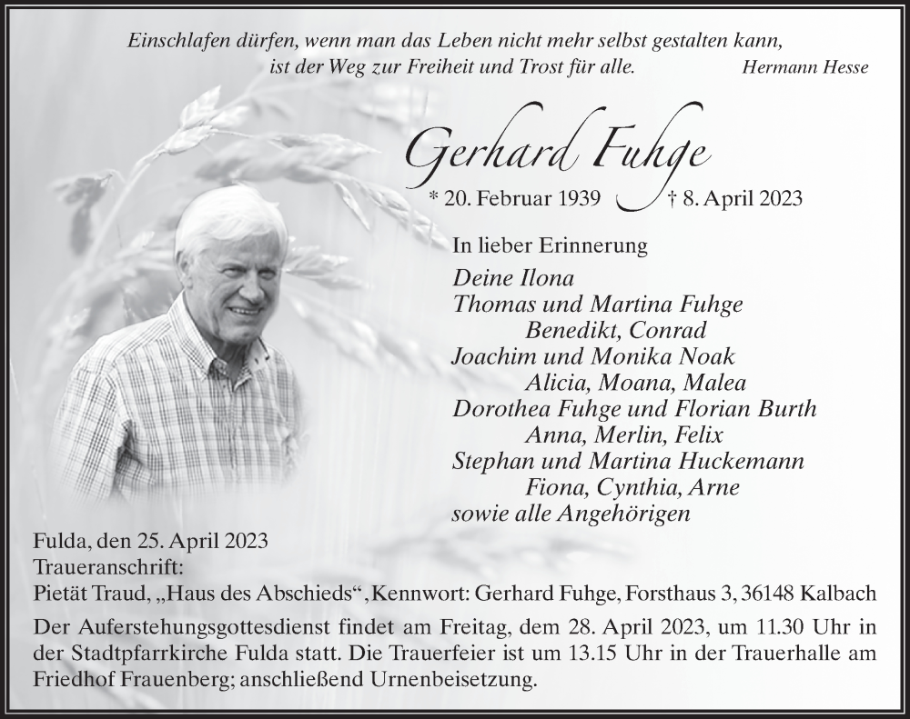  Traueranzeige für Gerhard Fuhge vom 25.04.2023 aus FZ