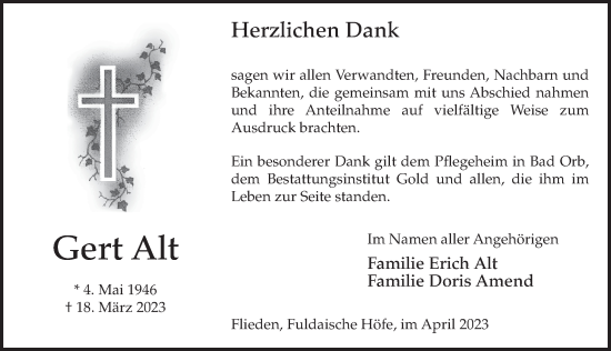 Traueranzeige von Gert Alt von FZ