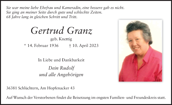 Traueranzeige von Gertrud Granz von FZ