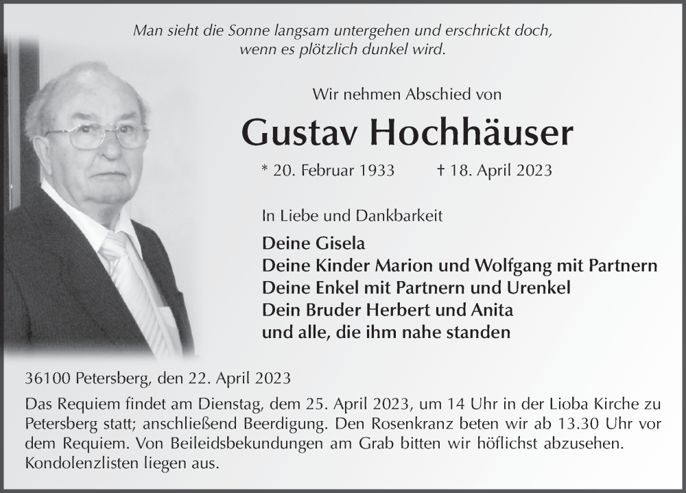  Traueranzeige für Gustav Hochhäuser vom 22.04.2023 aus FZ