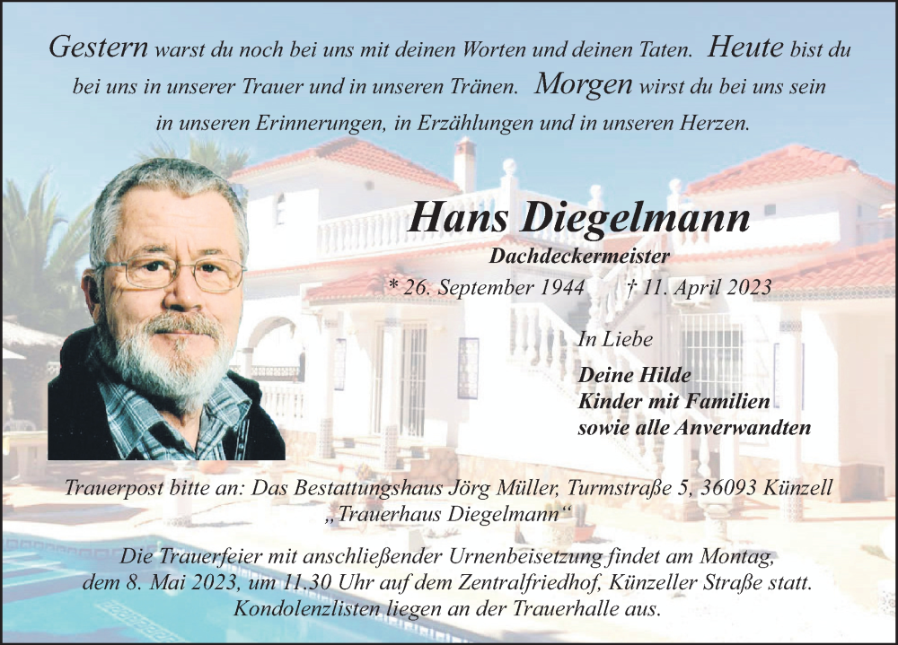  Traueranzeige für Hans Diegelmann vom 29.04.2023 aus FZ
