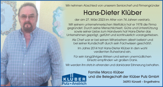 Traueranzeige von Hans-Dieter Klüber von FZ