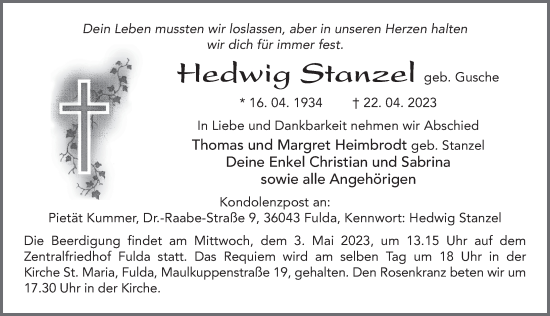 Traueranzeige von Hedwig Stanzel von FZ