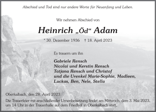 Traueranzeige von Heinrich Adam von FZ