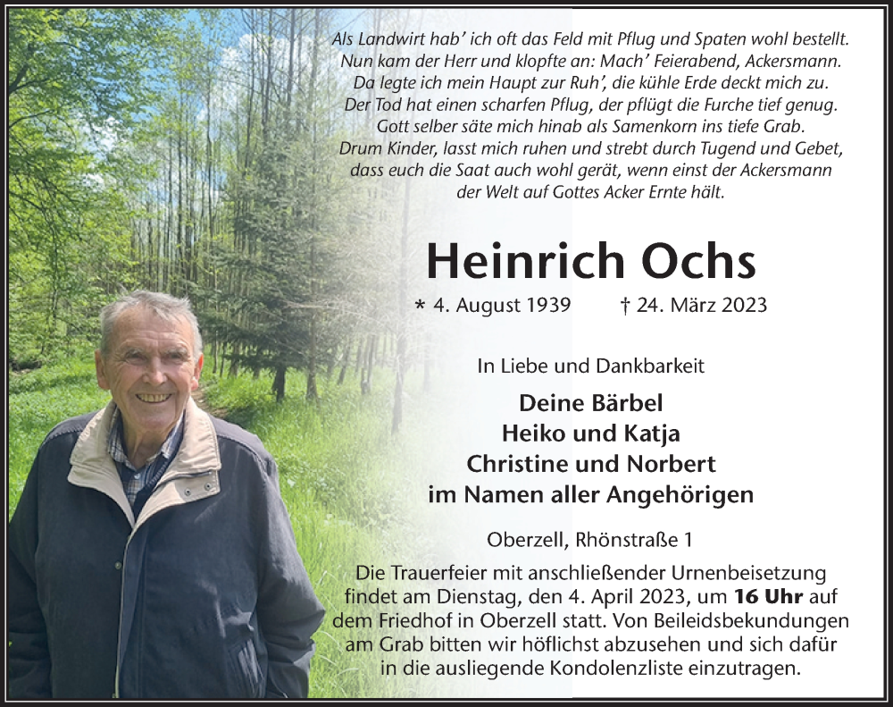  Traueranzeige für Heinrich Ochs vom 01.04.2023 aus FZ