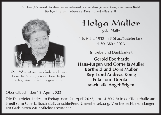 Traueranzeige von Helga Müller von FZ