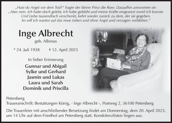Traueranzeige von Inge Albrecht von FZ