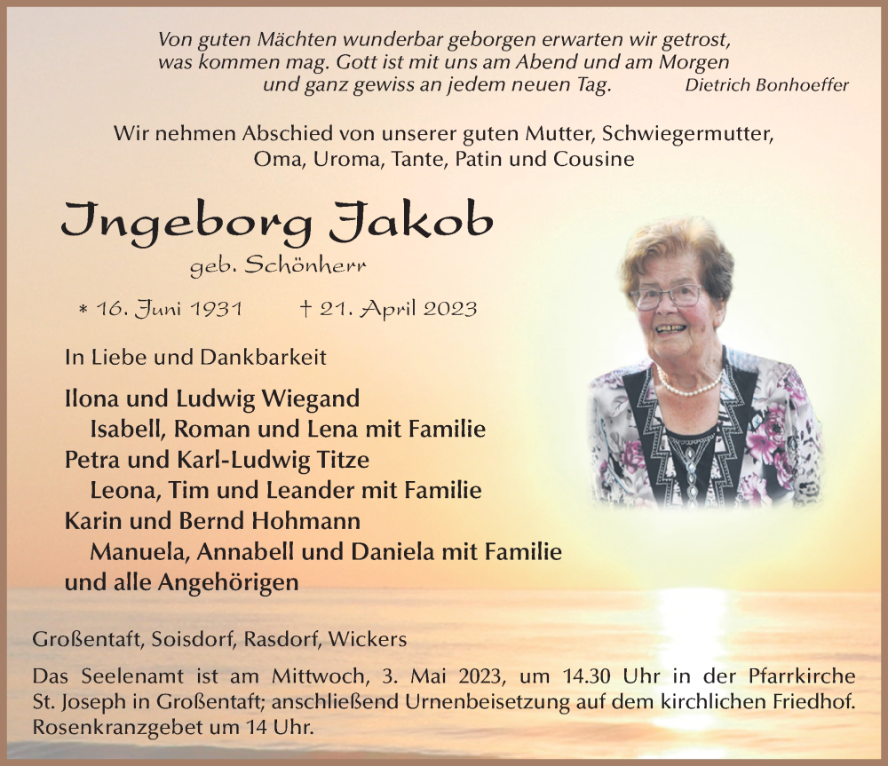  Traueranzeige für Ingeborg Jakob vom 28.04.2023 aus FZ