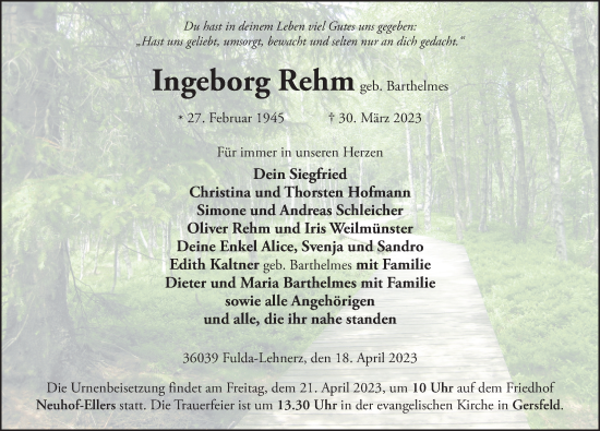 Traueranzeige von Ingeborg Rehm von FZ