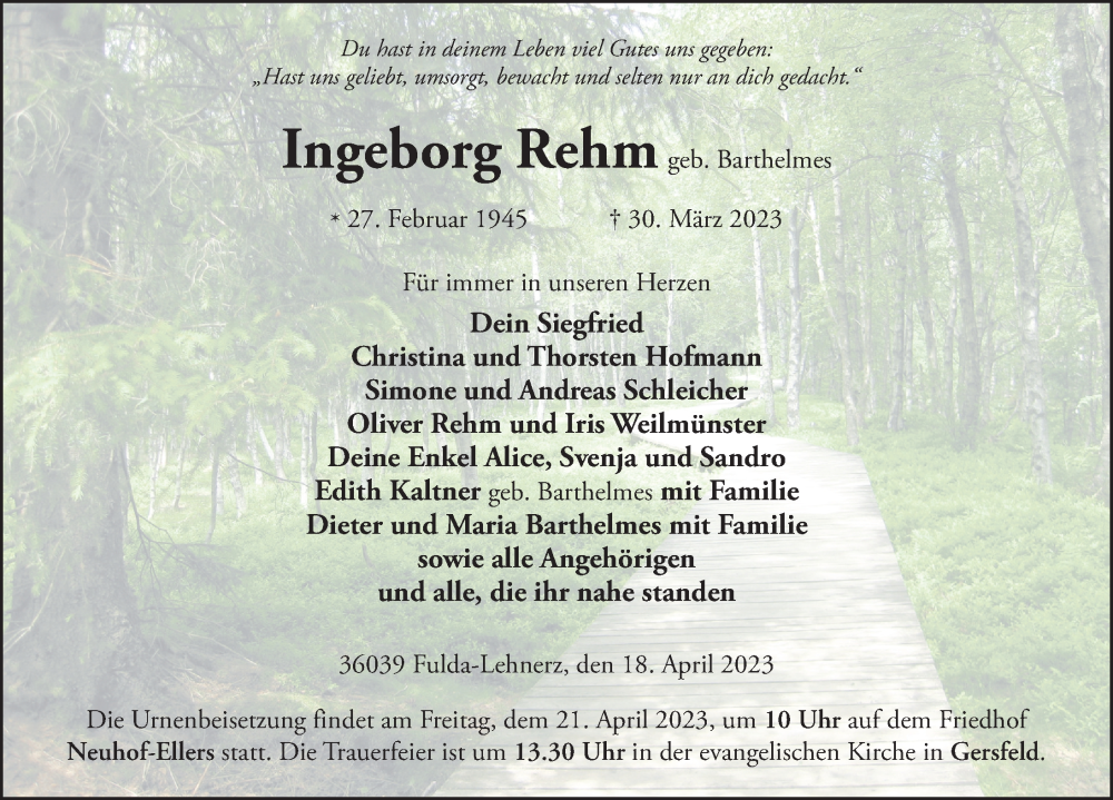  Traueranzeige für Ingeborg Rehm vom 18.04.2023 aus FZ