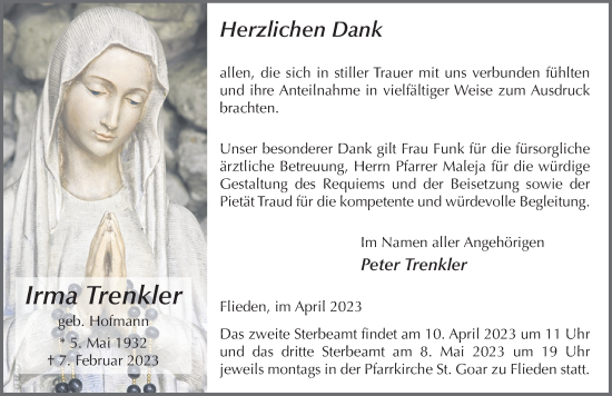 Traueranzeige von Irma Trenkler von FZ