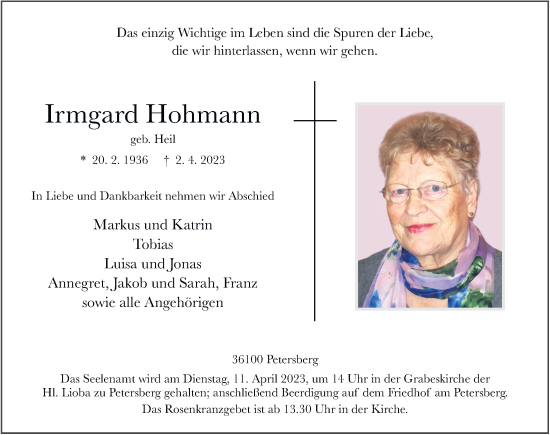 Traueranzeige von Irmgard Hohmann von FZ