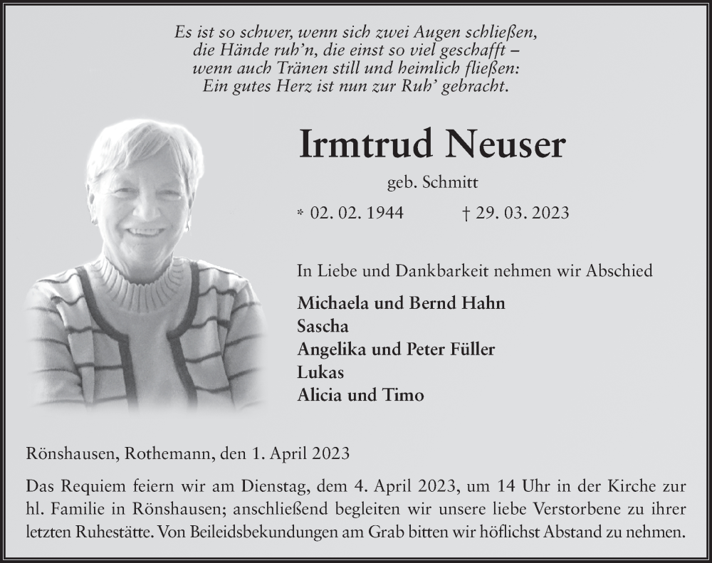  Traueranzeige für Irmtrud Neuser vom 01.04.2023 aus FZ
