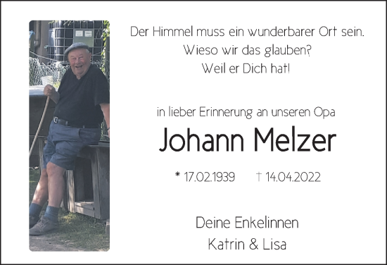 Traueranzeige von Johann Melzer von FZ