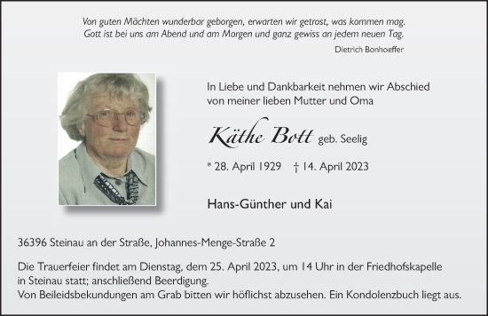 Traueranzeige von Käthe Bott von FZ