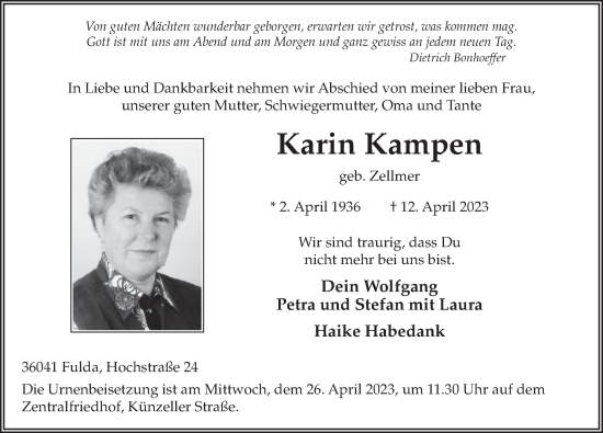 Traueranzeige von Karin Kampen von FZ